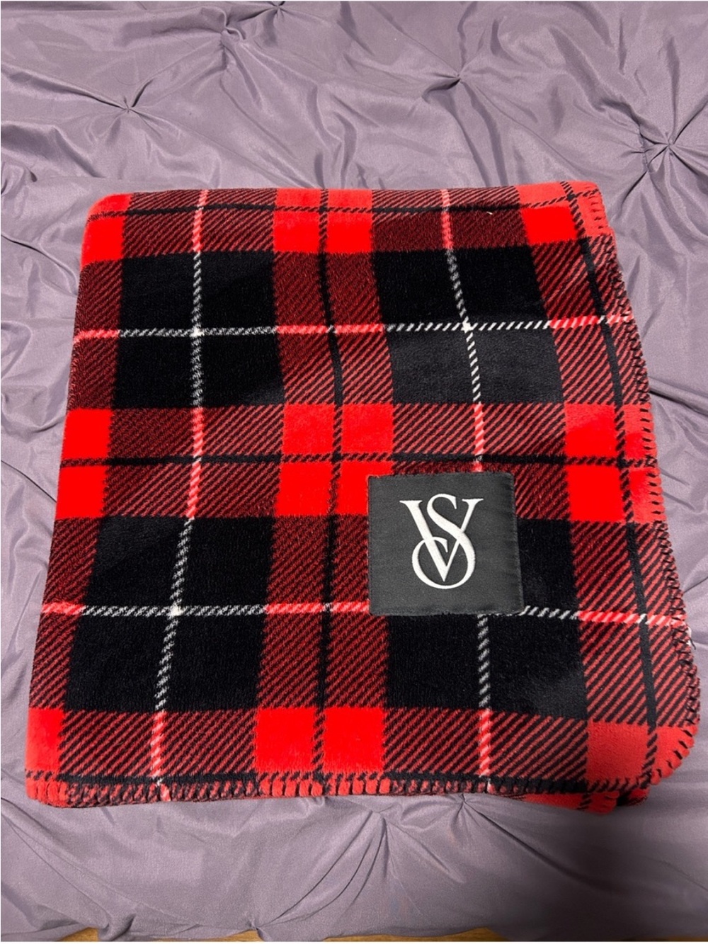 Victoria's Secret Red and Black Plaid Fleece Throw with VS Patch